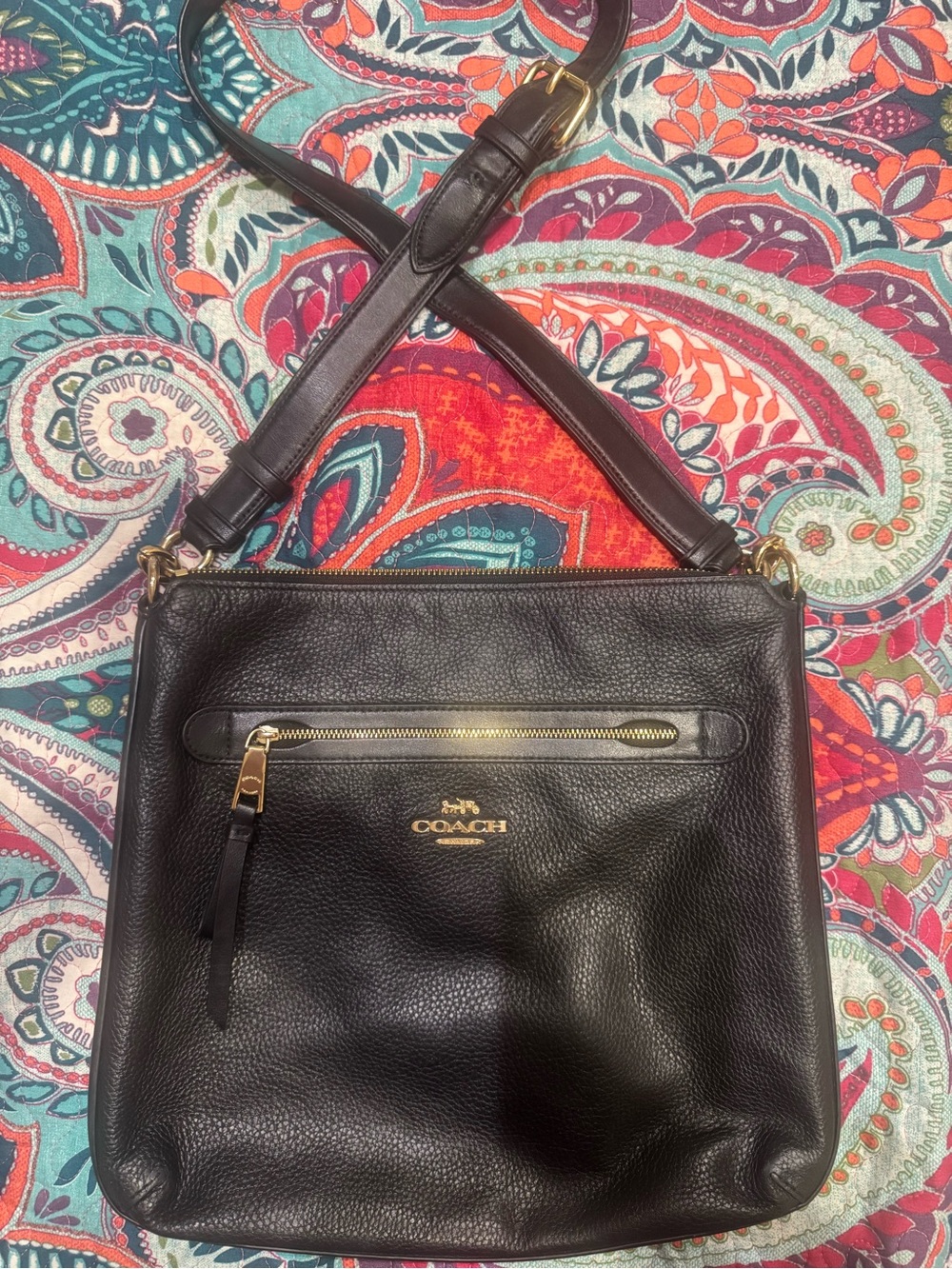 Coach Black Pebbled Leather Crossbody Shoulder Bag with Gold Hardware